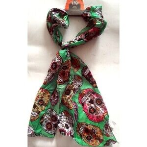 Halloween Scarf Sugar Skull Day Of The Dead  Blue Turquoise 11 x 60 In Colorful
